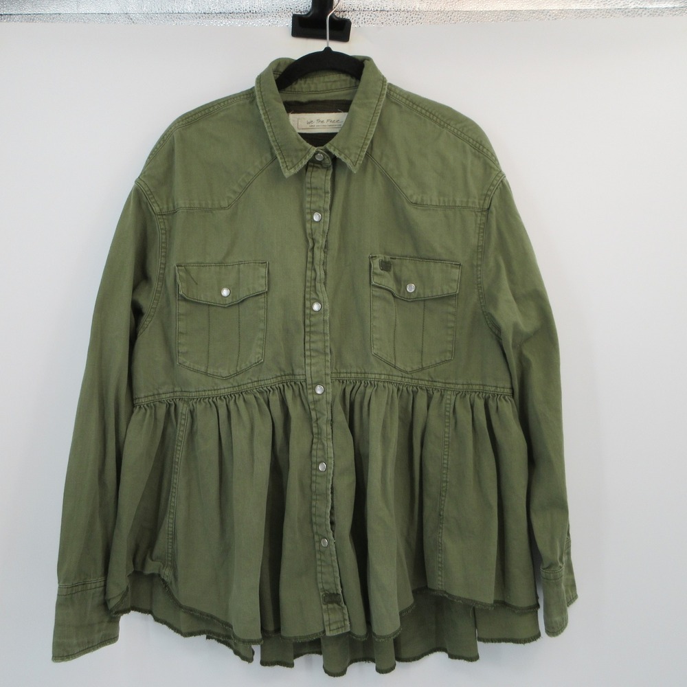 We The Free Free People Olive Green Cotton Peplum Snap Front Shirt Jacket Large